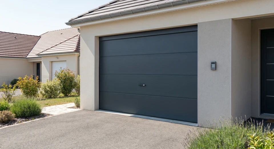 Photographie d'une porte de garage motorisée moderne et élégante en aluminium ou PVC, dans un cadre résidentiel contemporain. La porte est fermée, visible de face, avec un design épuré aux lignes horizontales. On peut voir légèrement une télécommande de commande à proximité ou un détail de serrure moderne. L'éclairage naturel met en valeur la qualité de la finition et l'intégration harmonieuse de la porte dans la façade de la maison. L'image transmet à la fois sécurité, modernité et praticité.
