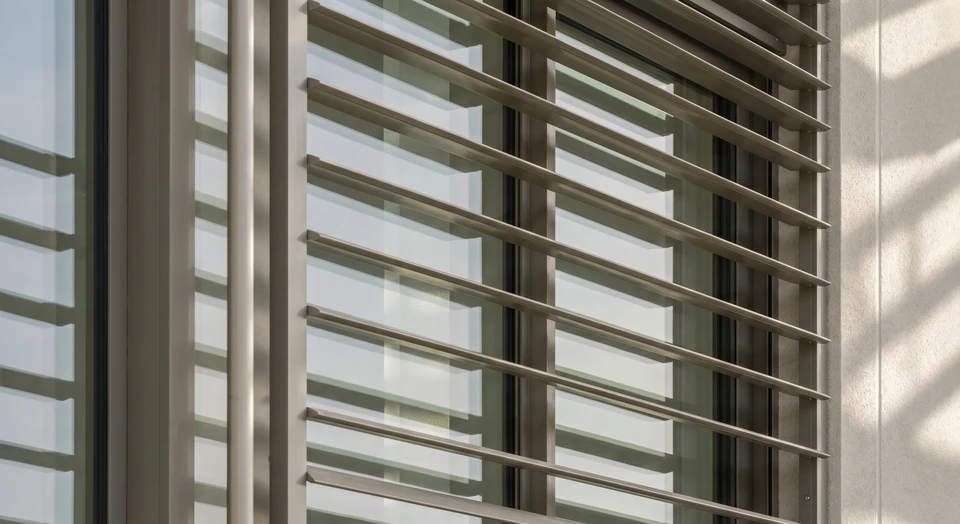 Façade d'une maison résidentielle moderne équipée de brise-soleil orientables multi-positions, photographiée en gros plan. Les lames sont partiellement fermées, filtrant la lumière solaire en créant des zones d'ombre et de clarté alternées sur la vitre et la façade, illustrant l'adaptation progressive au cours de la journée. Lumière naturelle douce du jour. Photo réaliste de qualité professionnelle.
