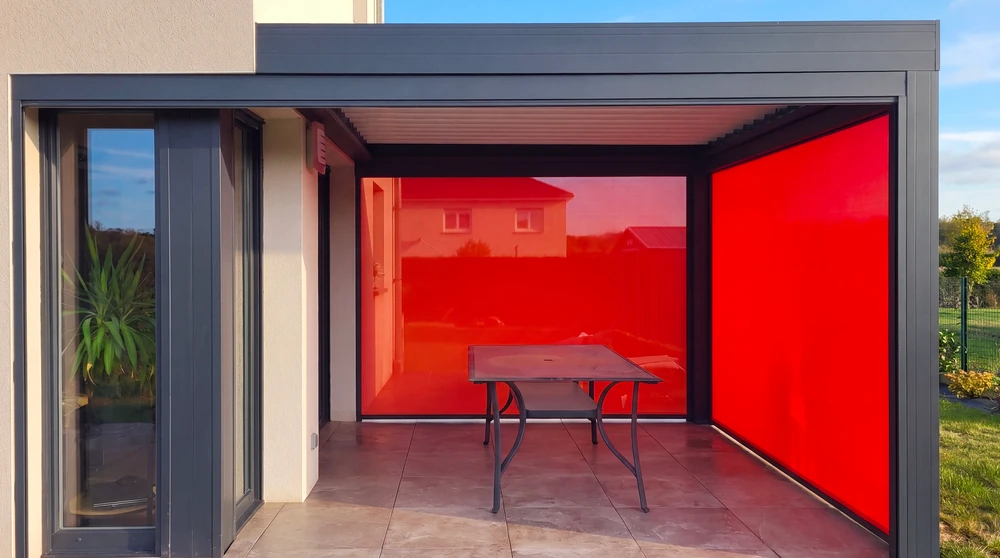 Terrasse couverte extérieure avec pergola bioclimatique à lames orientables, structure aluminium anthracite