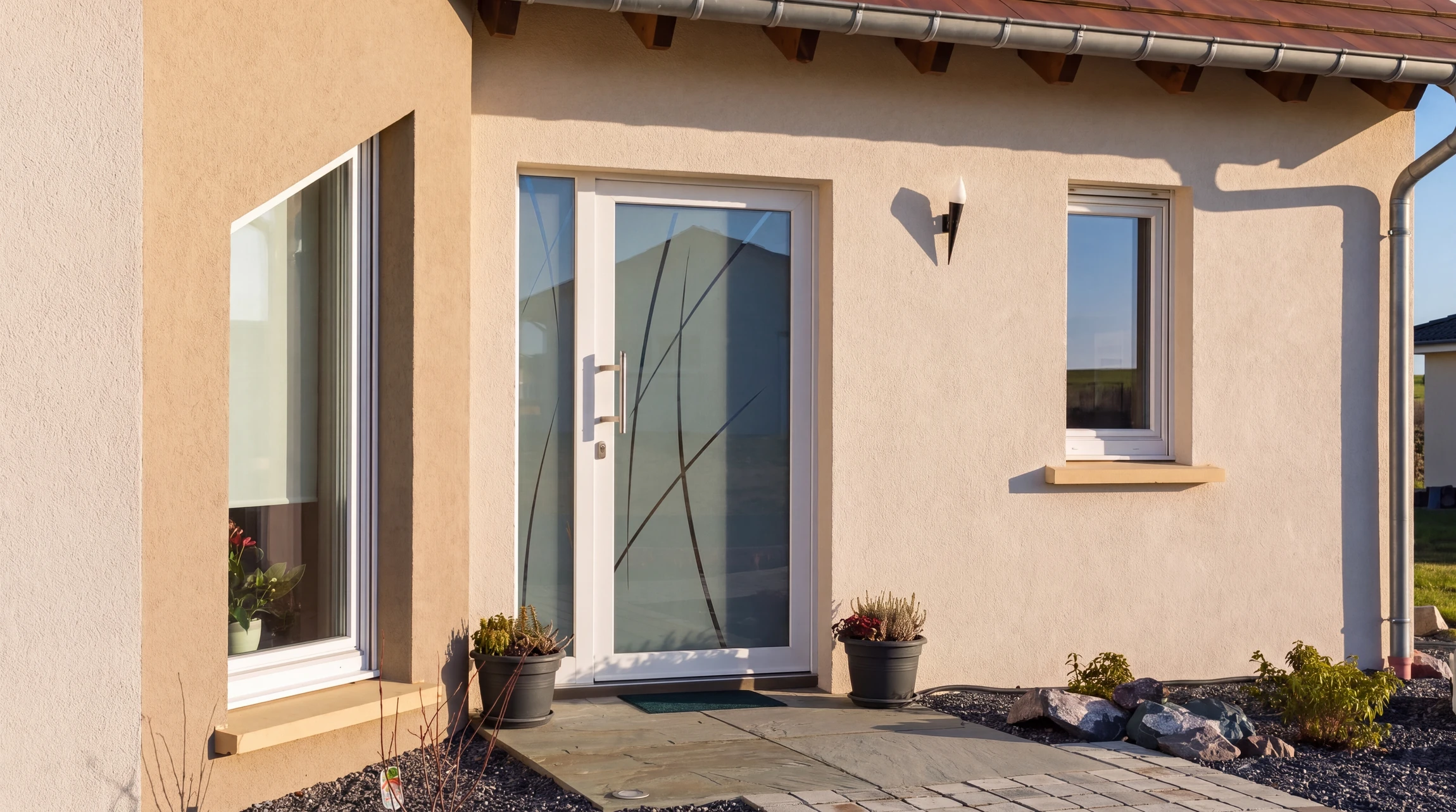 Façade moderne de bâtiment résidentiel avec volets roulants blancs partiellement fermés