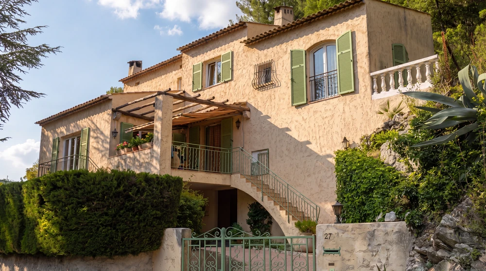 Immeuble résidentiel de 4 étages, façade mixte crépi beige et marron, encadrement de fenêtres bordeaux